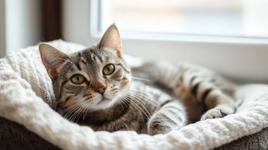 Sevimli bir kedi, pencerenin kenarındaki rahat yatağında uzanıyor, yumuşak doğal ışığın tadını çıkarıyor. Huzurlu atmosfer, kedinin sevimli özelliklerini ve sakin tavırlarını ön plana çıkarıyor..