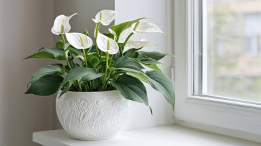 Dekoratif bir çömleğin içindeki zarif beyaz çiçekler güneş ışığıyla yerleştirilmiş, herhangi bir iç mekanın sakin ve şık atmosferini arttırıyor..