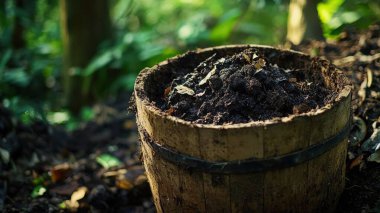 A rustic wooden bucket filled with rich organic soil sits in a vibrant green setting, symbolizing the connection between gardening and nature's bounty. clipart