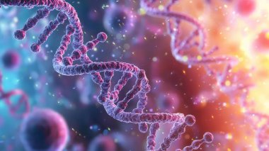 Bilimsel keşif ve eğitim için genetik ve moleküler biyoloji kavramını resmeden, soyut bir geçmişe sahip bir DNA sarmalının canlı tasviri.