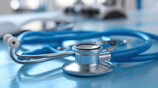 Close-up of a blue stethoscope resting on a table surface in a medical environment. This image represents essential healthcare tools used by medical professionals for patient diagnostics.