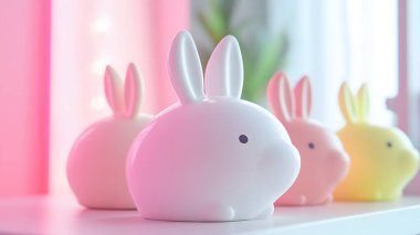 Adorable pastel rabbits line a shelf, bringing charm and whimsy to any space. The soft focus enhances the playful and cozy atmosphere, perfect for decor. clipart