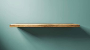 Minimalist ahşap bir raf turkuaz bir duvara karşı, yumuşak gölgeler bırakıyor. Dekor ögelerini göstermek ya da şık bir iç görünüm oluşturmak için mükemmel.