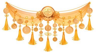 Vibrant golden decorative banner featuring hanging coins and tassels, perfect for celebrations. Ideal for festive designs or cultural events emphasizing prosperity and joy. clipart