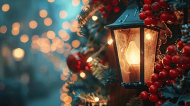 A charming lantern illuminates a festive scene adorned with bokeh lights and holiday decorations, creating a warm and cozy atmosphere perfect for winter celebrations. clipart