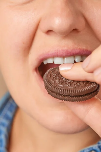 Close Happy Caucasian Woman Biting Chocolate Cookie Front View Low Stock Picture