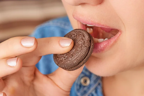 Close Happy Caucasian Woman Holding Chocolate Cookie Her Hands Bringing Stock Image