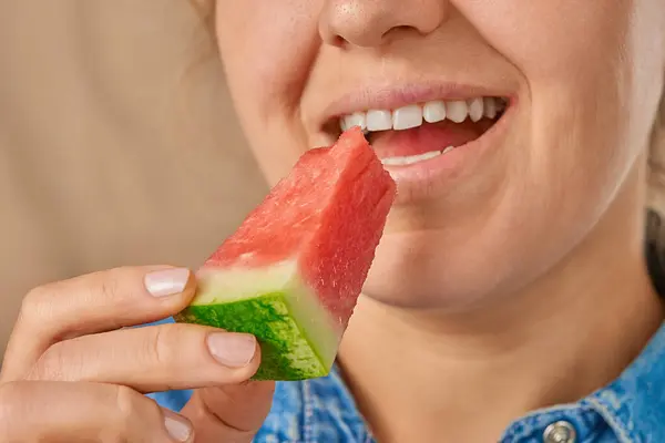 Close Happy Smiling Caucasian Woman Holding Slice Watermelon Her Hand — Stock Photo, Image