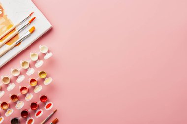 Suluboya boyalı kavanozlar ve fotokopi alanı olan pembe arkaplanı boyamak için bir tuval. Üst Manzara. Düz yatıyordu.