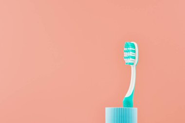 Fotokopi alanı olan pembe bir arka planda elle diş fırçası. Ön görünüm düşük açıdan.