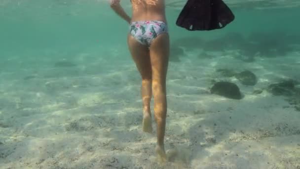 Hermosa Mujer Bikini Caminando Sobre Suelo Arenoso Del Océano — Vídeos de Stock