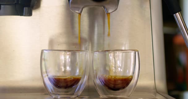 Twee Kopjes Koffie Zetten Bij Een Espressomachine — Stockvideo