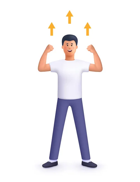 Happy Powerful Man Standing Raised Hands Rising Arrow Business Growth — Stockvector
