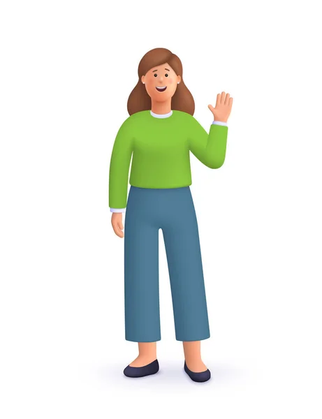 Young Smiling Woman Standing Greeting Gesture Saying Hello Bye Waving — Stockvector