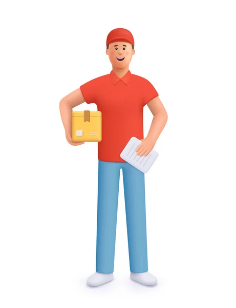 Delivery Courier Man Red Uniform Holding Package Box Safe Delivery — Stock vektor