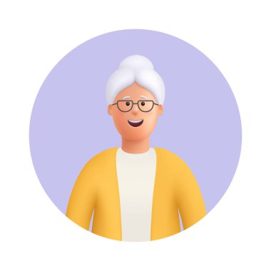 Smiling old woman, senior lady avatar. Grandmother wearing glasses, with grey hair. 3d vector people character illustration. Cartoon minimal style.