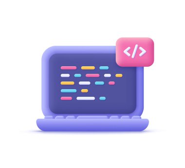 Bilgisayar dizüstü ve program kod geliştirme, kodlama ekranı. IT teknolojileri, web sitesi programlama, proje veri programlama, yazılım mühendisliği konsepti. 3d vektör simgesi. Çizgi film biçimi.