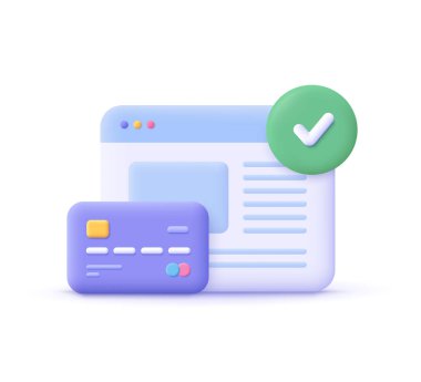 Kredi kartı ve işaretli bir web sitesi sayfası. Çevrimiçi ödeme, e-ticaret, online bankacılık kavramı. 3d vektör simgesi. Çizgi film biçimi.
