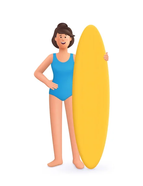 穿着泳衣和冲浪板的年轻微笑的女人 夏季体育概念 3D矢量人物形象图解 卡通简约风格 — 图库矢量图片