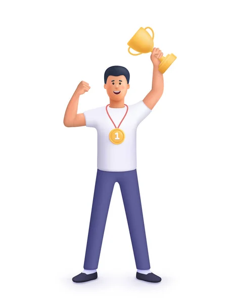 年轻微笑的男子冠军拿着金杯 目标实现庆祝的概念 3D矢量人物形象图解 卡通简约风格 — 图库矢量图片
