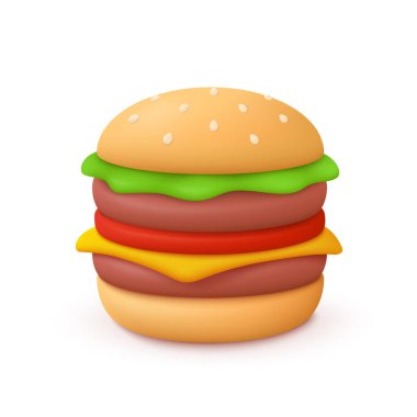 Hamburger, hamburger. Fast food konsepti. 3d vektör simgesi. Çizgi film biçimi.