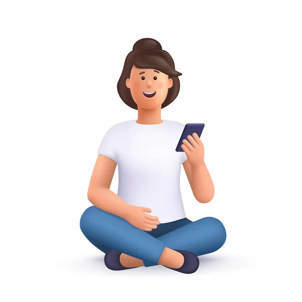 Mladá Usměvavá Žena Sedí Zkříženýma Nohama Drží Smartphone — Stockový vektor