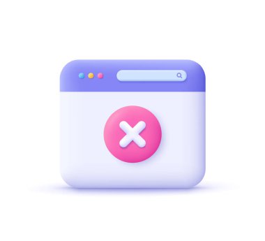 X işaretli bir web sayfası. Web sitesi pencere erişimi reddedildi. Negatif sonuç, iptal, hata ve reddetme kavramı. 3d vektör simgesi. Çizgi film biçimi.