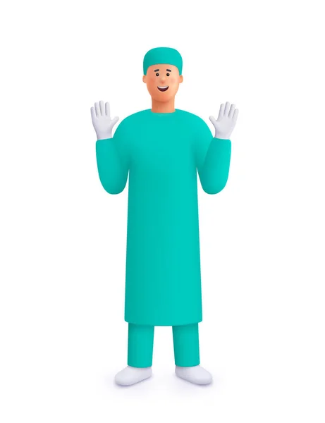 年轻的面带微笑的男人 身穿军服的外科医生 手举手套 3D矢量人物人物插图 卡通最小风格 — 图库矢量图片