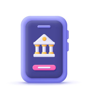 Banka binalı akıllı telefon. Çevrimiçi bankacılık, kredi ve kredi konsepti. 3d vektör simgesi. Çizgi film biçimi.