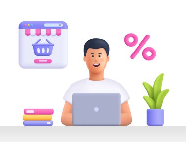 Gülümseyen adam dizüstü bilgisayar kullanarak online market alışverişi yapıyor. Çevrimiçi alışveriş, ev teslimatı, e-ticaret, indirim ve satış konsepti. 3d vektör insan karakter çizimi. Çizgi film biçimi.