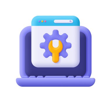 Dişli ve ingiliz anahtarı olan bir web sayfası tarayıcısı. Çevrimiçi destek, ayarlar, tamir servisi ve teknik destek konsepti. 3d vektör simgesi. Çizgi film biçimi.