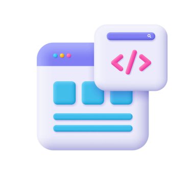 Kod sembollü web sayfası. Web Geliştirme, yazılım mühendisliği, programlama ve kodlama konsepti... 3D vektör simgesi. Çizgi film biçimi.