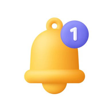 Yeni bir bildiri ile çan hatırlatması. Sosyal medya, bildirim mesajı, alarm ve alarm sembolü. 3d vektör simgesi. Çizgi film biçimi.