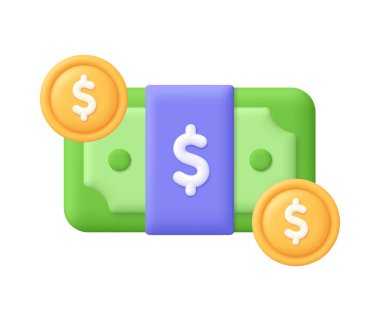 Dolar sembollü banknot ve sikkeler. Finans, iş, gelir, tasarruf ve yatırım konsepti. 3d vektör simgesi. Çizgi film biçimi.