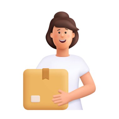 Elinde karton kutu tutan gülümseyen genç bir kadın. Mal teslimatı konsepti. 3d vektör insan karakter çizimi. Çizgi film biçimi.