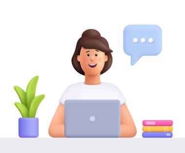 Masada oturan ve bilgisayarda çalışan gülümseyen genç bir kadın. İş, uzaktan çalışma, serbest çalışma, eğitim ve sosyal medya kavramı. 3d vektör insan karakter çizimi. Çizgi film biçimi.