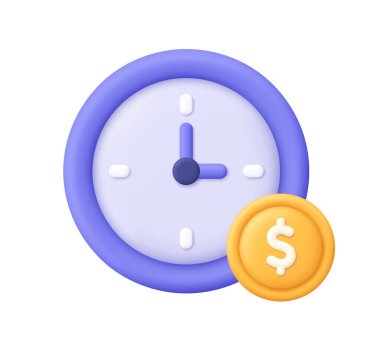 Dolar işaretli saat ve para. Finans ve iş konsepti. Zaman paradır, vergi zamanı hatırlatıcısı, hızlı para. 3d vektör simgesi. Çizgi film biçimi.