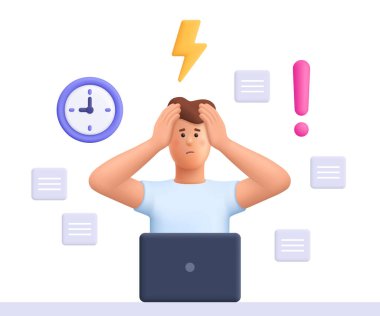 Bilgisayarda çalışan stresli ve meşgul bir adam, kafa kafaya verip teslim tarihine yetişemedi. Teslim tarihi baskısı, stresli bir iş. 3d vektör insan karakteri. Çizgi film biçimi.