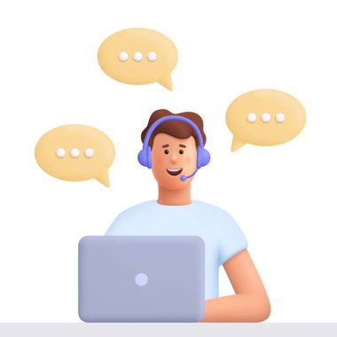 Kulaklıklı bir ofis çalışanı müşterilerle konuşuyor. Müşteri hizmetleri, çağrı merkezi, yardım hattı, müşteri destek birimi konsepti. 3d vektör insan karakteri. Çizgi film biçimi.