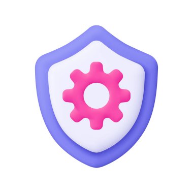 Teçhizatlı kalkan, dişli çark içeride. Güvenlik, koruma, ayar, bakım, onarım ve tamir konsepti. 3d vektör simgesi. Çizgi film biçimi.