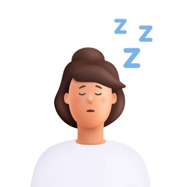 Bir kadın uyuyor ve horluyor, ağzı açık ve gürültülü bir şekilde. Uyku apnesi, horlama, sağlık konsepti. 3d vektör insan karakteri. Çizgi film biçimi.