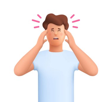 Stresli genç adam, el ele tutuşuyor. Migren, stres, baş ağrısı. 3d vektör insan karakteri. Çizgi film biçimi.