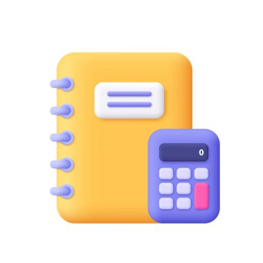 Defter, kitap ve hesap makinesi. Muhasebe, finans, muhasebe, eğitim kavramı. 3d vektör simgesi. Çizgi film biçimi.