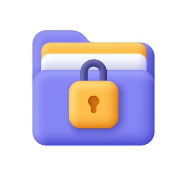 Belgeleri ve kilidi olan bir klasör. Veri güvenliği, bilgi koruması, gizlilik kavramı. 3d vektör simgesi. Çizgi film biçimi.