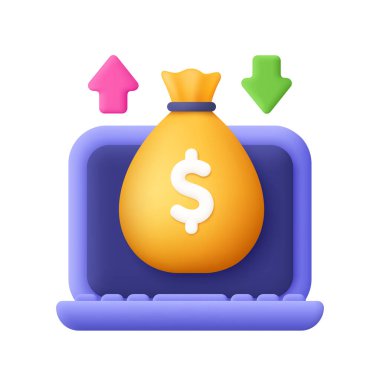 Bilgisayar dizüstü bilgisayarı ve para çantası. Üzerinde dolar işareti ve aşağı yukarı ok var. Finans, bankacılık, yatırım ve ticaret konsepti. 3d vektör simgesi. Çizgi film biçimi.