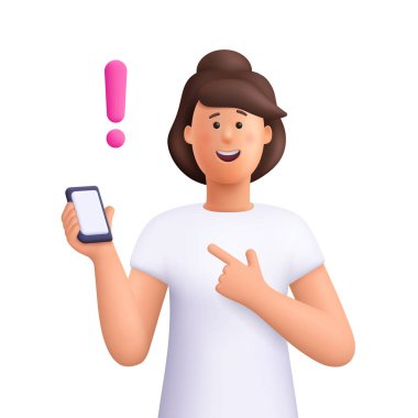 Elinde akıllı telefon tutan ve ünlem işaretini gösteren genç bir kadın. Fikir, uyarı ya da dikkat konsepti. 3d vektör insan karakteri. Çizgi film biçimi.
