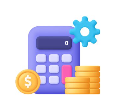 Para yığını ve teçhizatlı hesap makinesi. İş, finans yönetimi, muhasebe, vergi ve bütçe planlama kavramı. 3d vektör simgesi. Çizgi film biçimi.