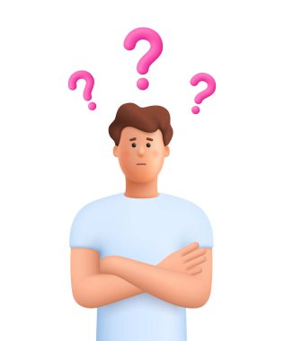Şaşkın adam James kollarını kavuşturmuş kırmızı soru işaretiyle duruyor, bir çözüm düşünüyor. Seçim, problem çözme konsepti. 3d vektör insan karakteri. Çizgi film biçimi.