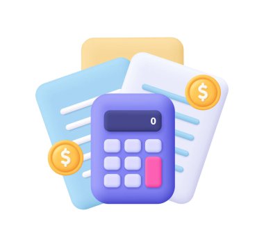 Hesap makinesi ve bozuk paralarla doküman kağıtları. Mali rapor, muhasebe, gelir ve vergi konsepti. 3d vektör simgesi. Çizgi film biçimi.