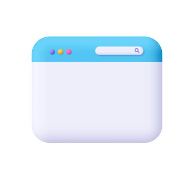 Web sitesi sayfası, sekmeli tarayıcı penceresi ve arama çubuğu. Kullanıcı arayüzü, bilgisayar yazılımı, web geliştirme kavramı. 3d vektör simgesi. Çizgi film biçimi.